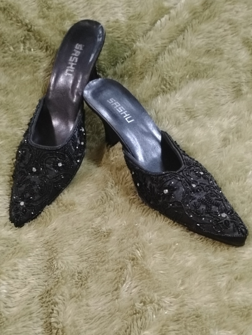 Sashu black Beaded Pointed-Toe Slip-On Mules